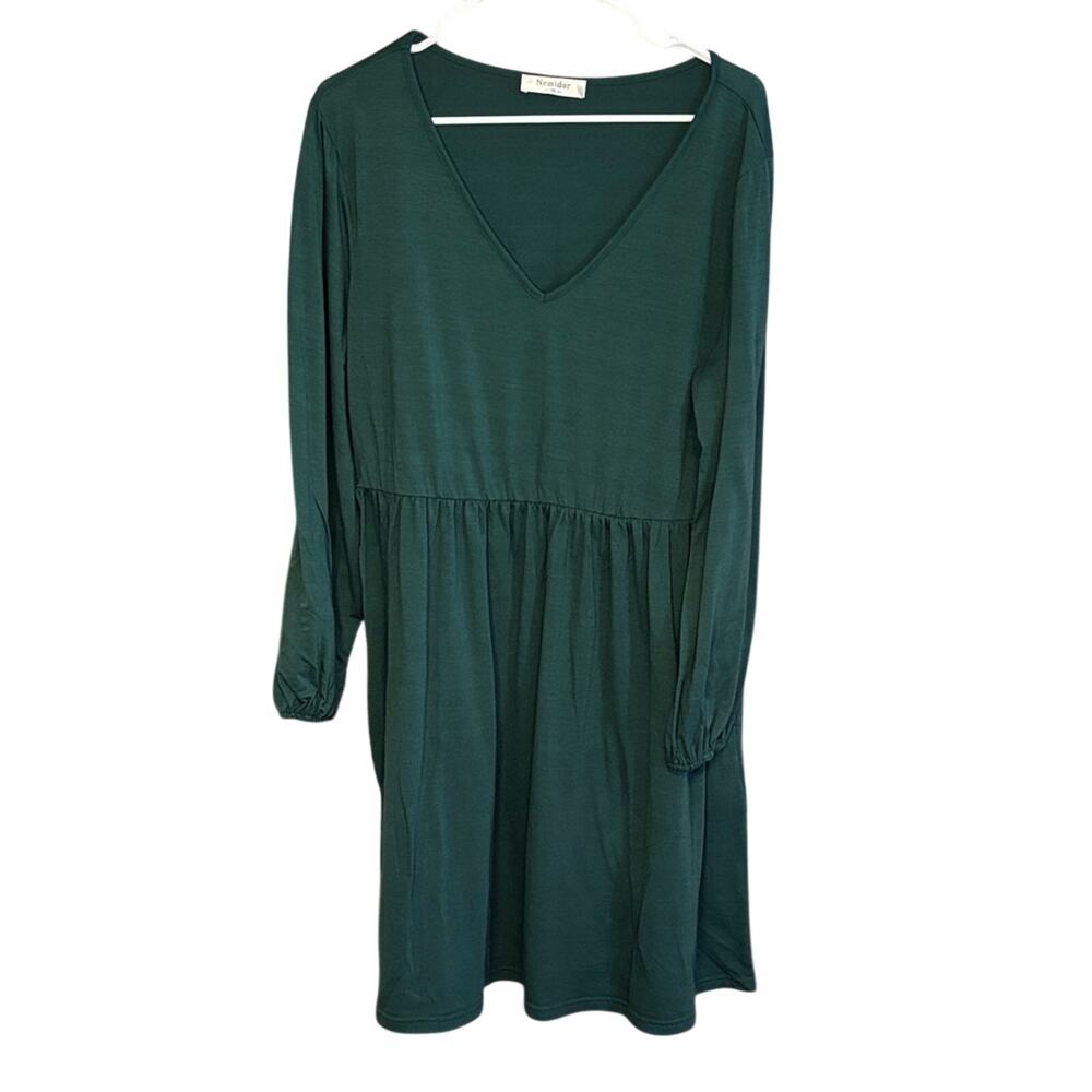 Nemidor Plus Size Green Babydoll Dress 1XL Long Sleeve V-Neck Empire Waist